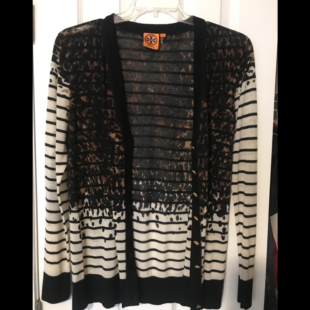 Tory Burch Striped Animal Print Cardigan